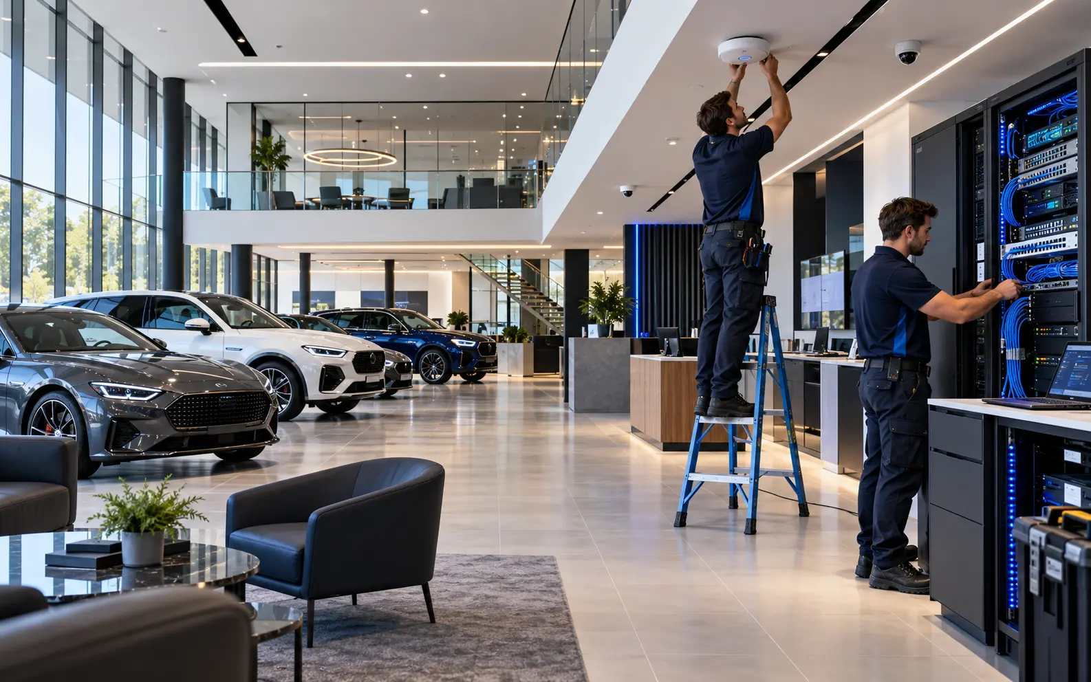 IT technicians commissioning network infrastructure in a premium automotive dealership